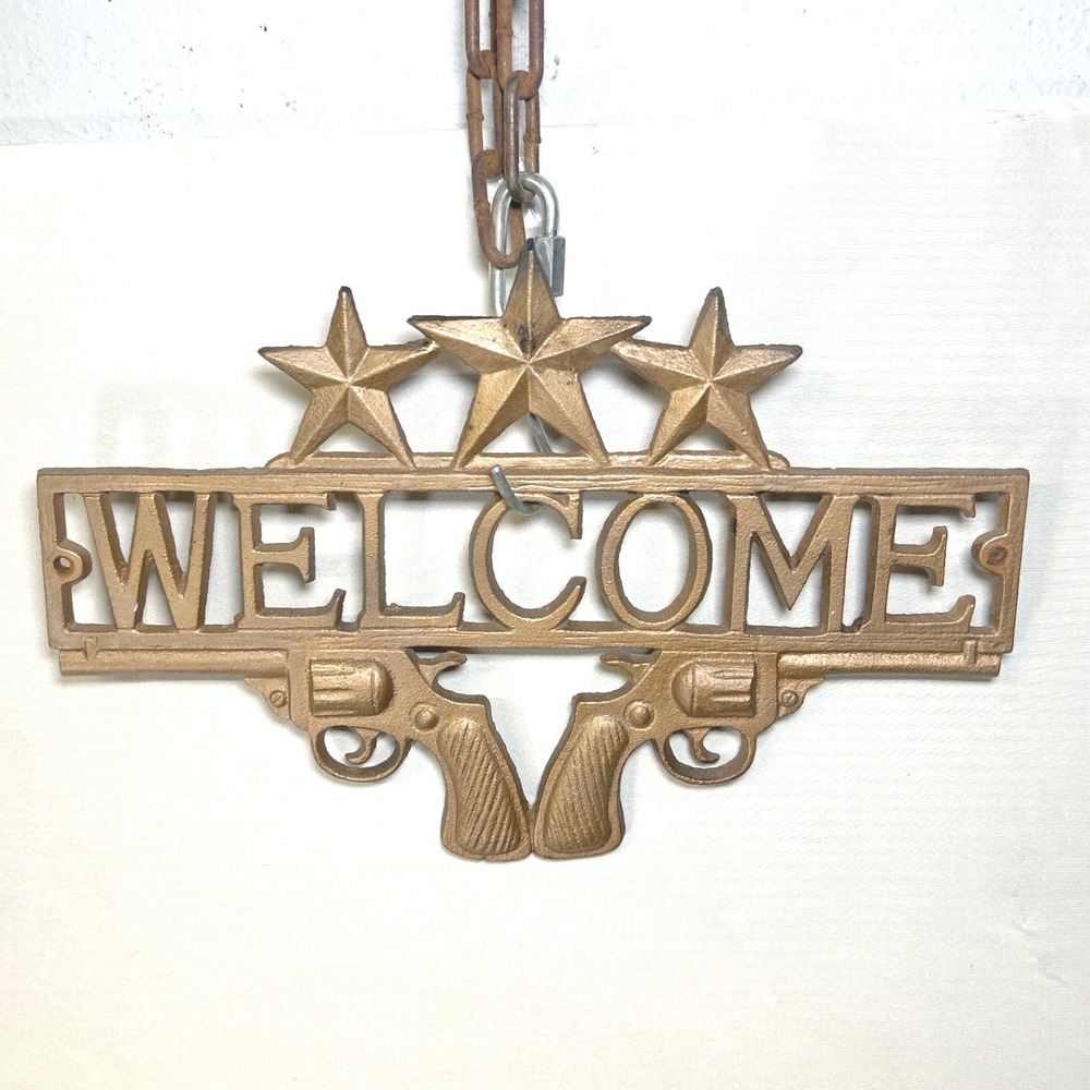 Cast Iron WELCOME Sign Western Cowboy Revolvers Stars Wall Decor Gold Finish